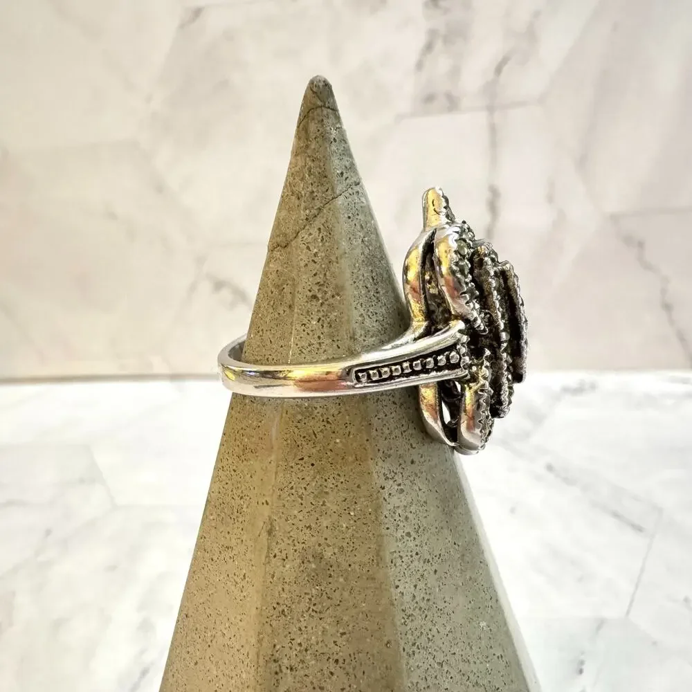 Sterling Silver Ring 18k Electroplate White Gold Marcasite Sz 8 Victorian Style